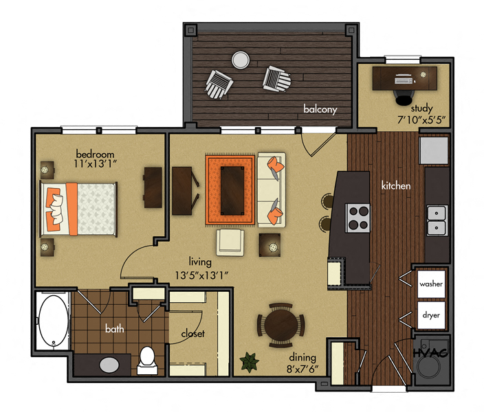 Floor plan for 1 bed, 1 bath, 835 sqft